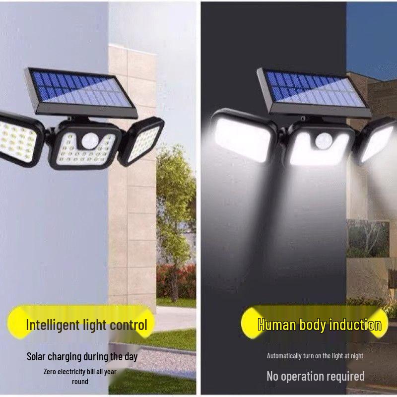 74-LED Outdoor Solar Sensor Light, Three-Head Rotatable, Waterproof for Wall, Road, Courtyard, Street Lighting