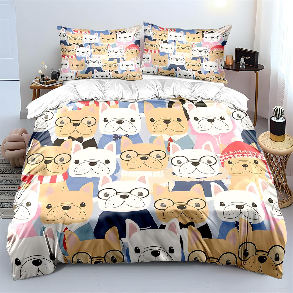 Cartoon French Bulldogs Collection Pattern Duvet Cover Set Digital Print Polyester Bedding with Zipper Closur for kids gifts