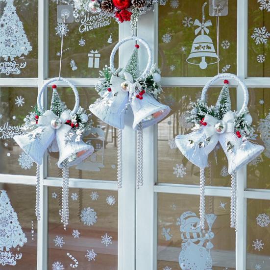 Christmas White Bell Ornament Vintage Rustic Jingle Bell Door Hanger with Artificial Flocking Tree Xmas Hanging Decoration for Holiday Tree Home Decor