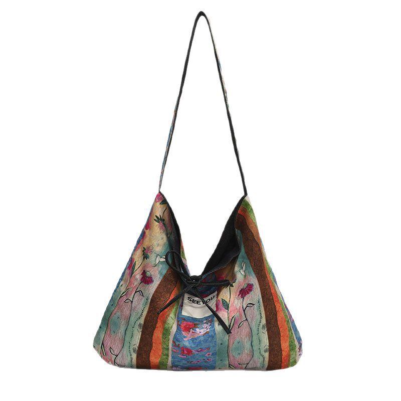 2025 spring and summer new color printed canvas bag denim double-sided messenger bag versatile commuter tote bag