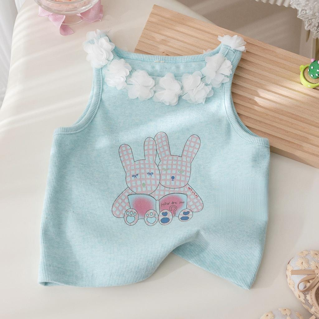 Girls' Summer Set Fashionable Lace Collar Rabbit Print Vest Checkered Embroidery Cropped Pants Two-piece Set