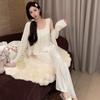 Oh Mi Da Spring and Autumn Long Sleeve Pajamas Women's Sexy Suspender Three-piece Set with Chest Pad Floral High-end Homewear Set