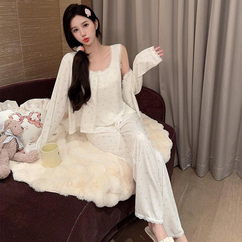 Oh Mi Da Spring and Autumn Long Sleeve Pajamas Women's Sexy Suspender Three-piece Set with Chest Pad Floral High-end Homewear Set