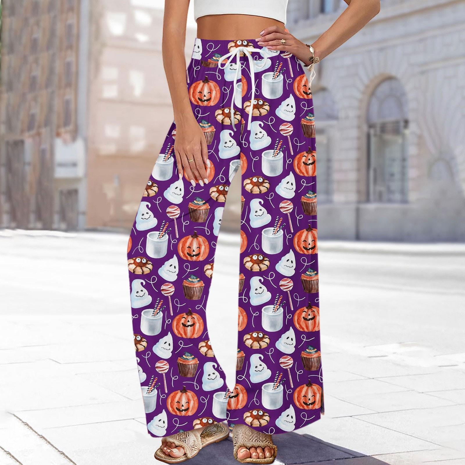

Womens Pants Wide Leg Pants With Pockets Casual Trousers Printed Elastic Waist Sweatpants XL фіолетовий