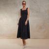 Women's Black Sleeveless Dress, Square Neck, A-Line Skirt with Floral Pattern