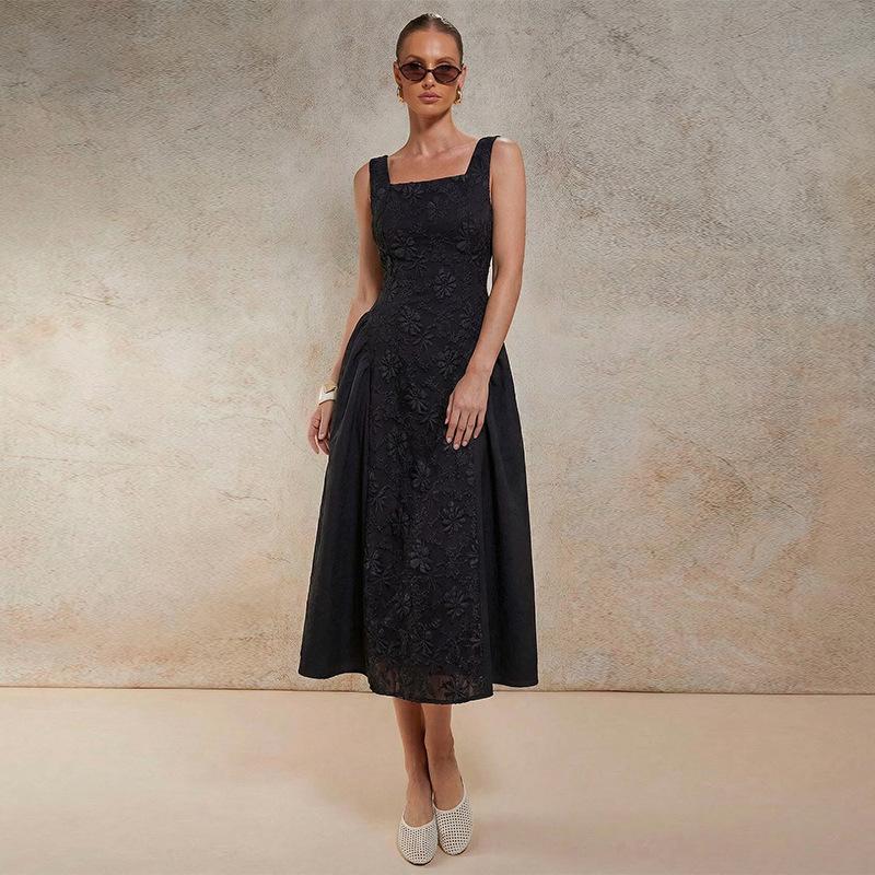 Women's Black Sleeveless Dress, Square Neck, A-Line Skirt with Floral Pattern