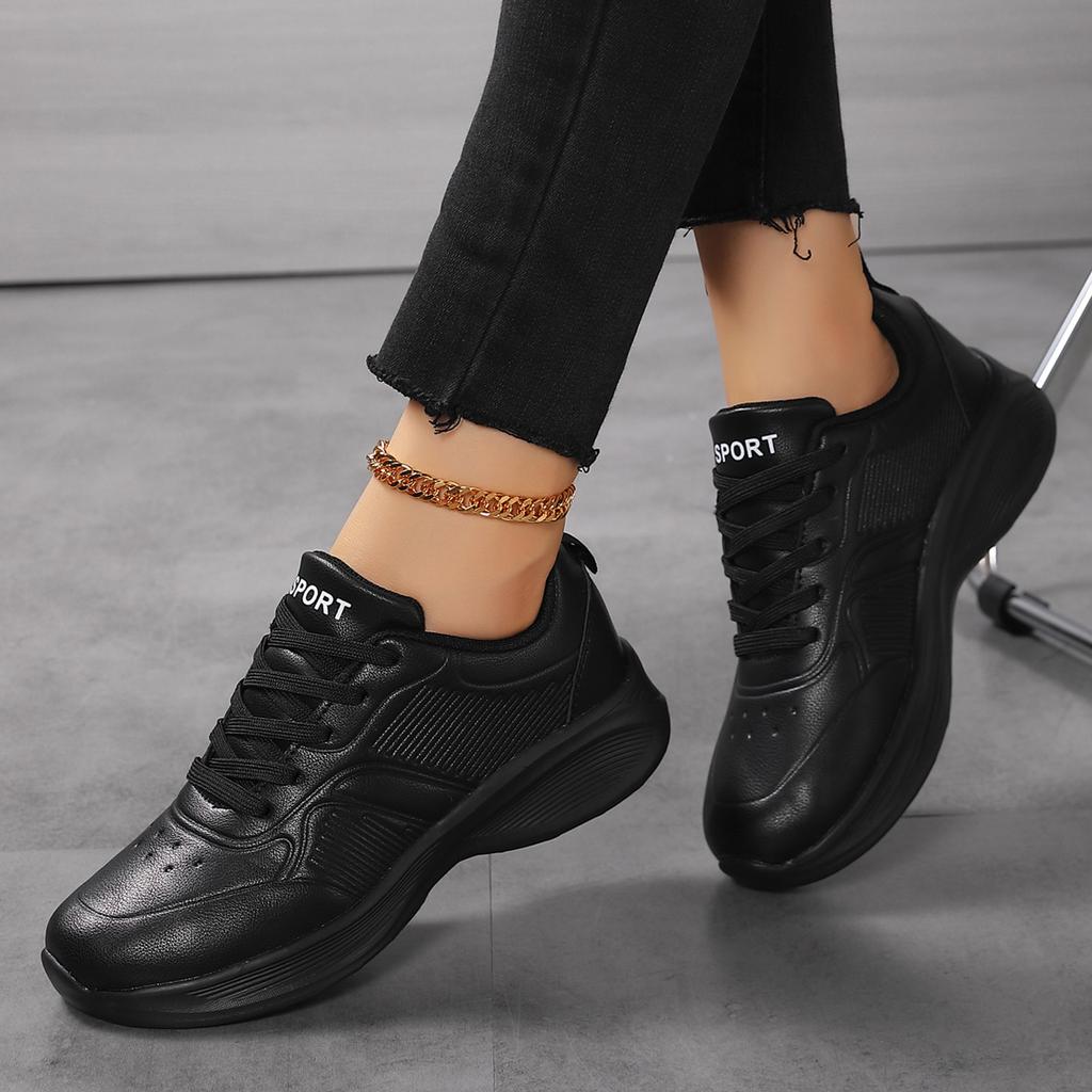 Celé černé tenisky dámské podzimní kožený povrch voděodolné měkká podrážka lehké čistě černé dlouhé stání bez unavení nohou pracovní obuv velká velikost