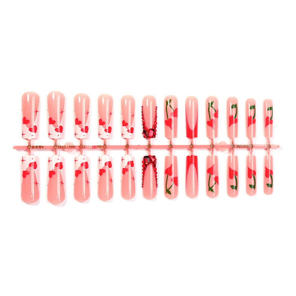 24Pcs French Fake Nails with Cherry Heart Design Fashionable Sweet And Cool Style Manicure for Woman