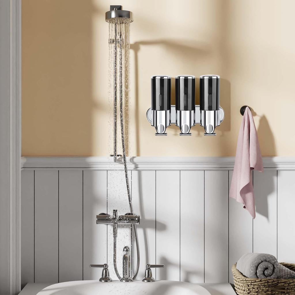 Wall Mounted Shampoo Conditioner Dispenser 3 Chamber Soap Easy for Body Shower Hand Soap & - Dispenser, Refill, No-Drip Design, Shampoo, Conditioner,