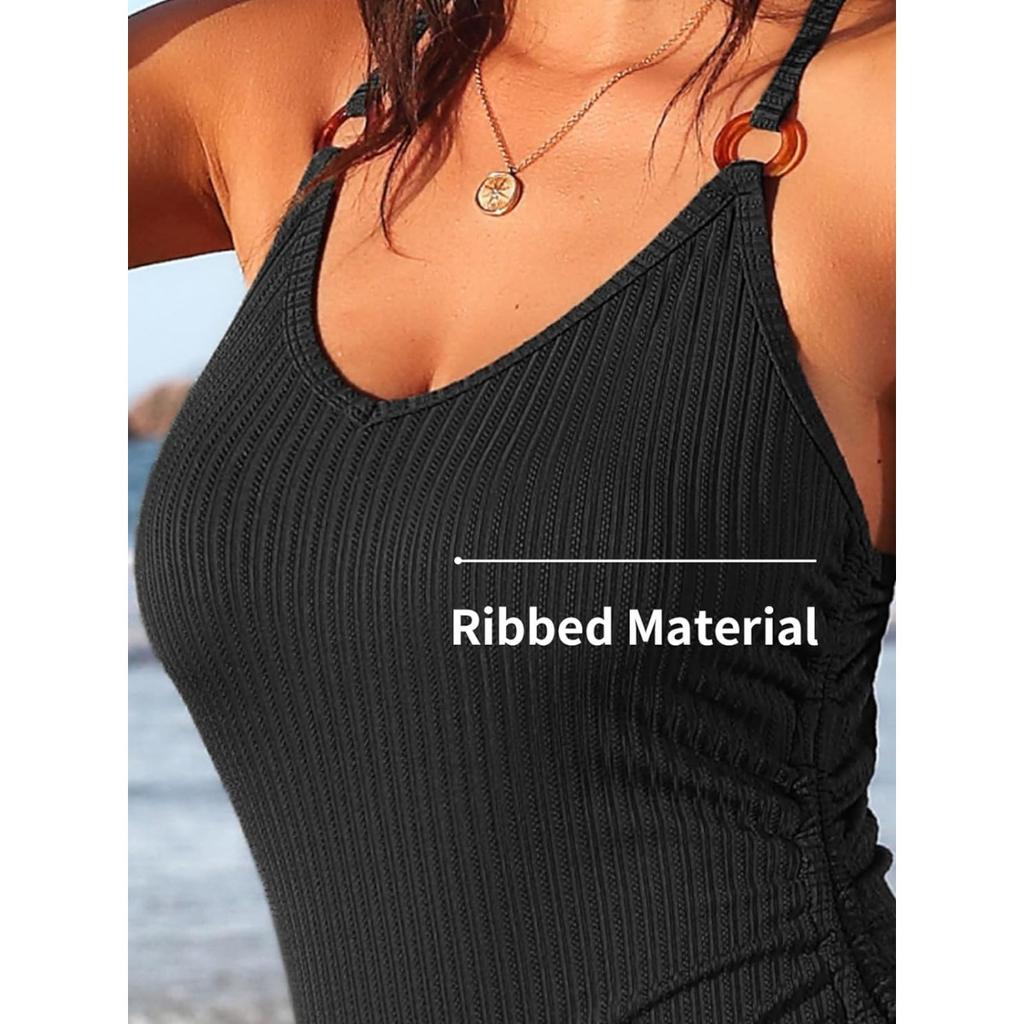 Charmleaks Ribbed One Piece Swimsuits for Women Adjustable Tie Side Tummy Control Bathing Suits High Cut Padded Monokinis