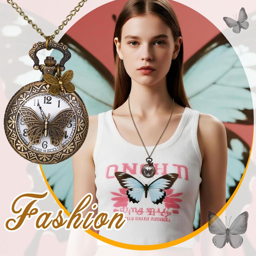 Antique Butterfly Pocket Watch with Analog Display and Waterproof Butterfly Pocket Watch with Pendant Necklace and Chain Perfect Gift for and Day