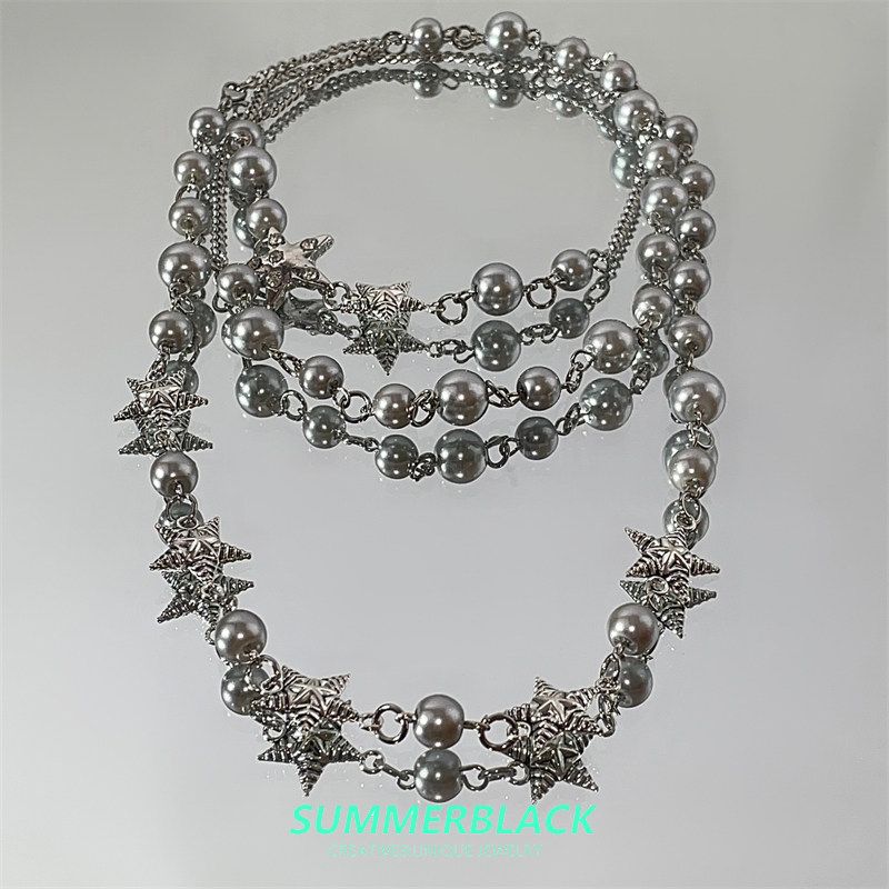 European and American Personalized Ins Style Five-Pointed Star Pearl Chain Long Necklace Female Minority Fashion Elegant Twin Clavicle Chain Five-Pointed Star Pearl Stacked Necklace