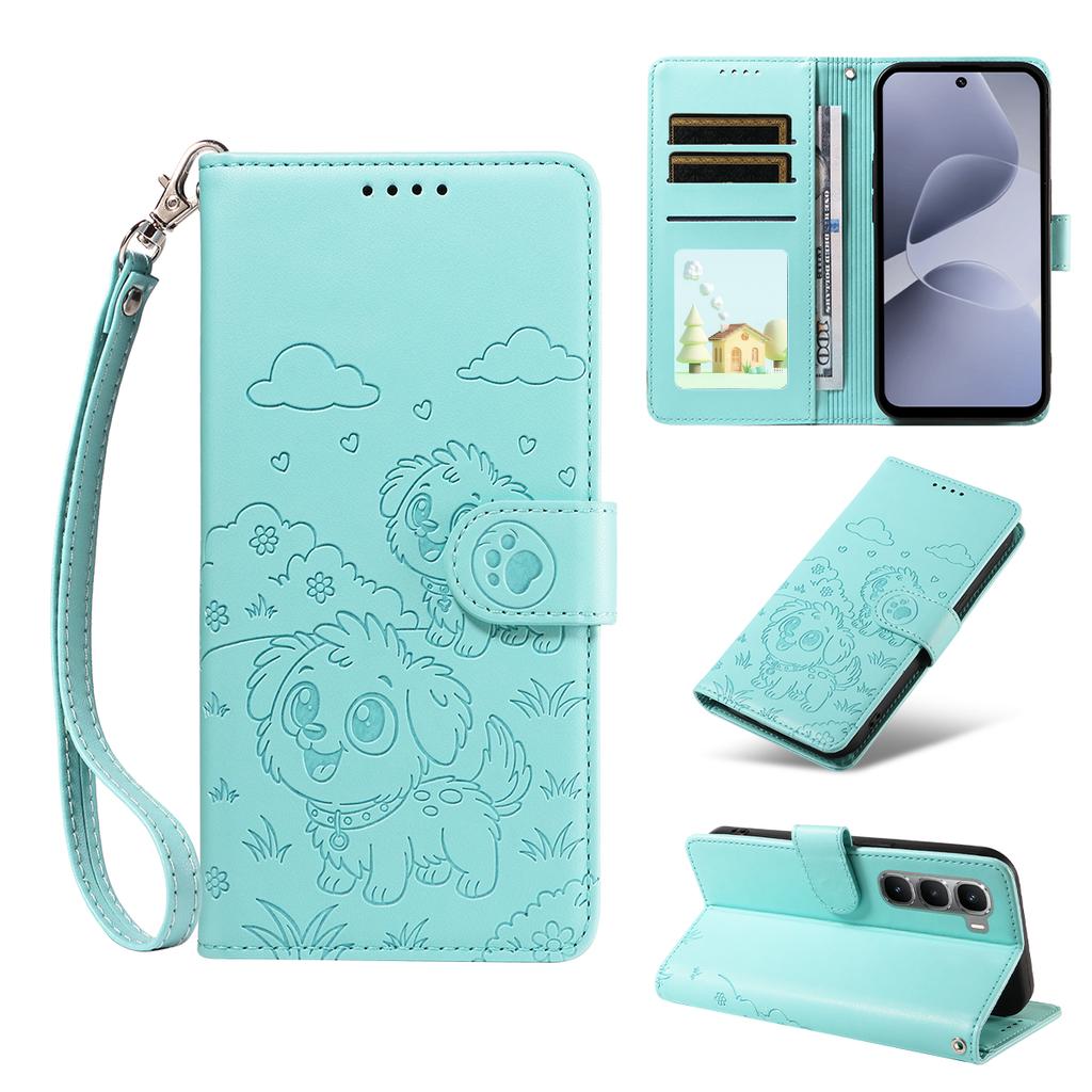 For Infinix Hot 60 Pro 4G Case RFID Blocking Imprinted Dog Pattern PU Leather Phone Cover with Wrist Strap