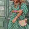 European American Women Maxi Dress Geometric Puff Sleeve Street Style