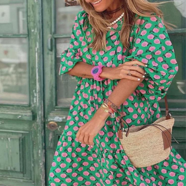 European American Women Maxi Dress Geometric Puff Sleeve Street Style
