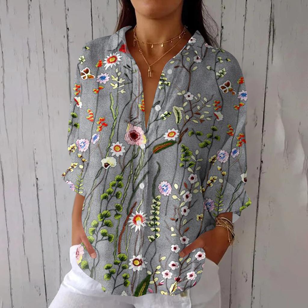 Women's Fashion Seven Sleeve Casual Lapel Back Tie Shirt Printed T-Shirt Top