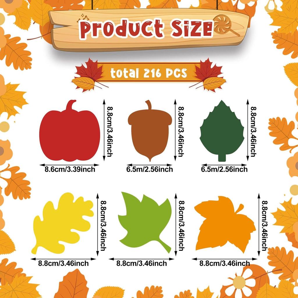 Geyee 216 Pcs Fall Bulletin Board Decorations Fall Leaves Pumpkin Acorns Cutouts Colorful Autumn Paper Cut Outs for Kids School Classroom Bulletin