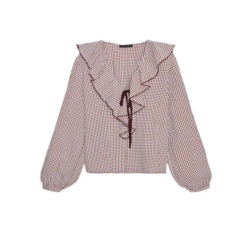

Autumn New Women s Clothing French Simplicity Long Sleeves V-neck Lace-up Small Plaid Laminated Decoration Shirt 5029181 Magenta XL