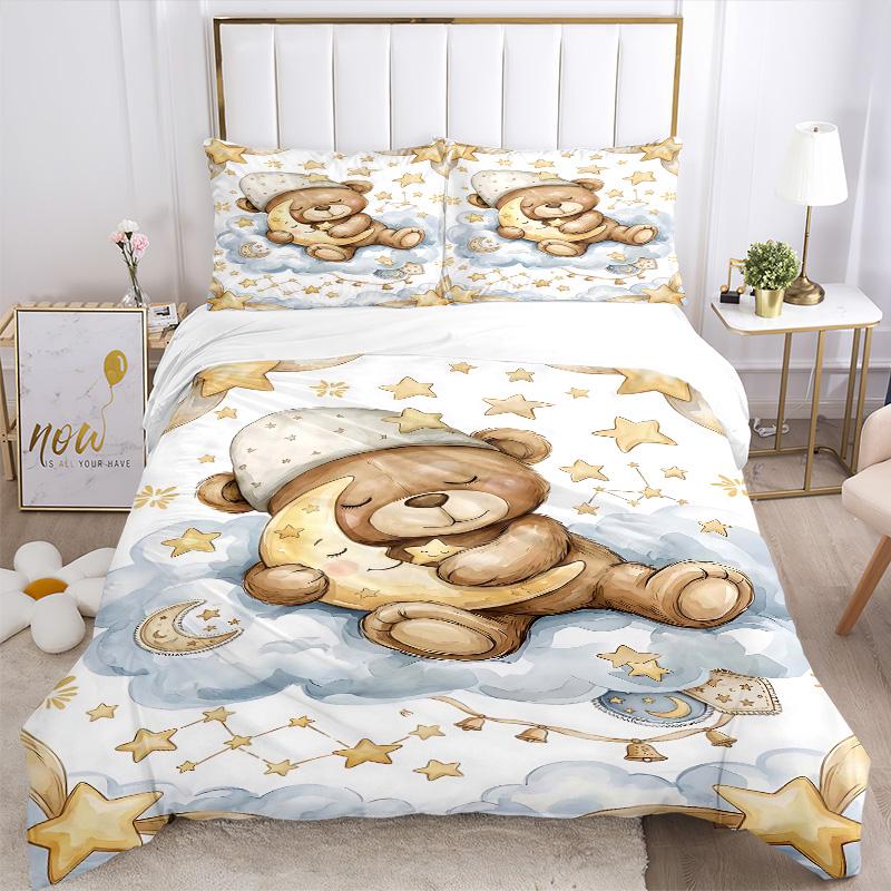 Teddy Bear Night Print 3Pcs Bedding Setduvet Cover With 2 Bedropillowcase Home Birthday Gift