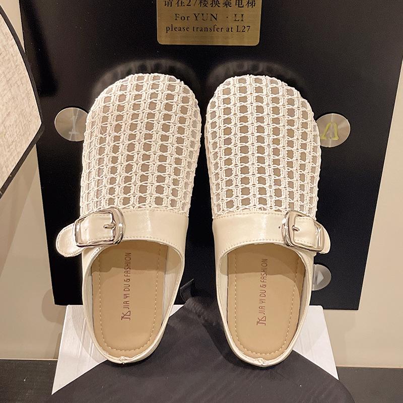 

Woven hollow half slippers 2025 summer bag head lazy drag belt buckle thick heel cool slippers femininity 40 срібний