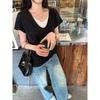 Women's Short-Sleeve V-Neck T-Shirt – Popular Loose Fit, Faux Two-Piece, Lazy Style Design
