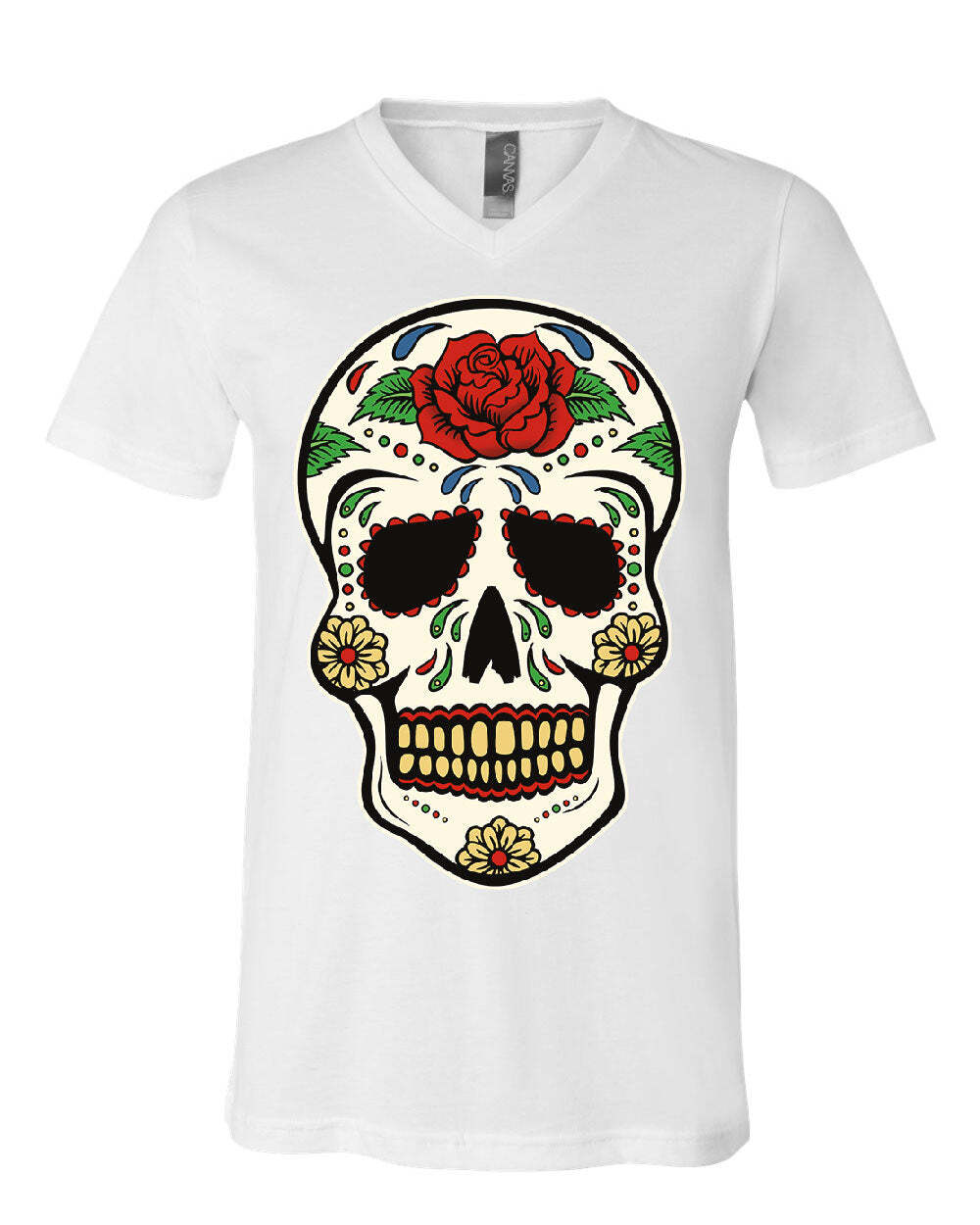 Sugar Skull Calavera V-Neck T-Shirt Dia de los Muertos Day of the Dead Tee S
