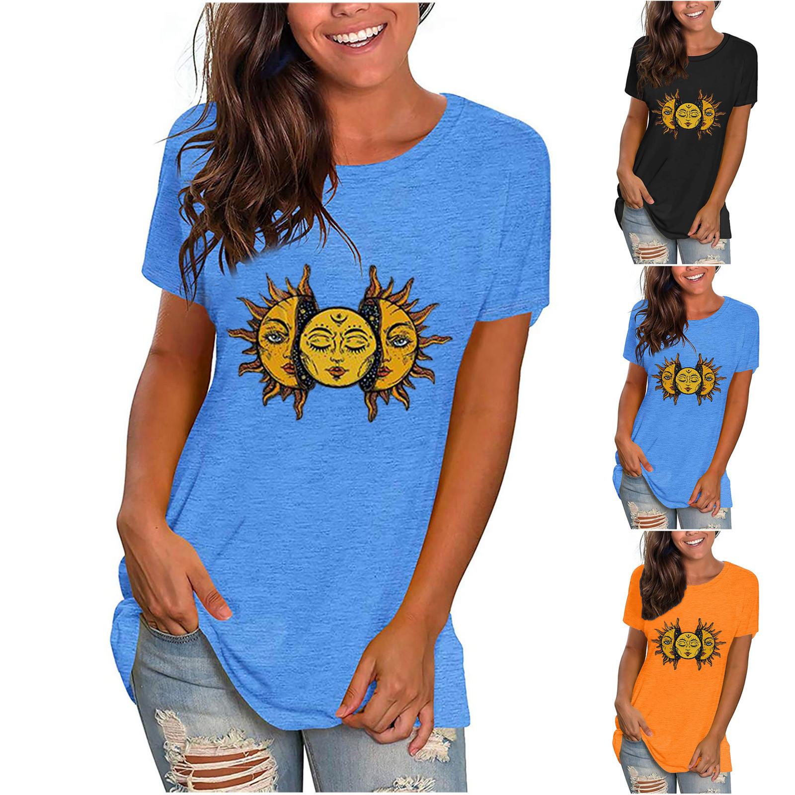 

Женская винтажная повседневная блузка с короткими рукавами и принтом солнца