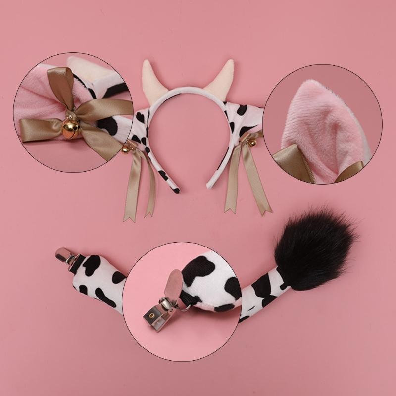 Faux Fur Animal Headbands Furry Cow Ears Headwear Tail Set Kawaii Hair Hoop for Halloween Cosplay Party Supplies