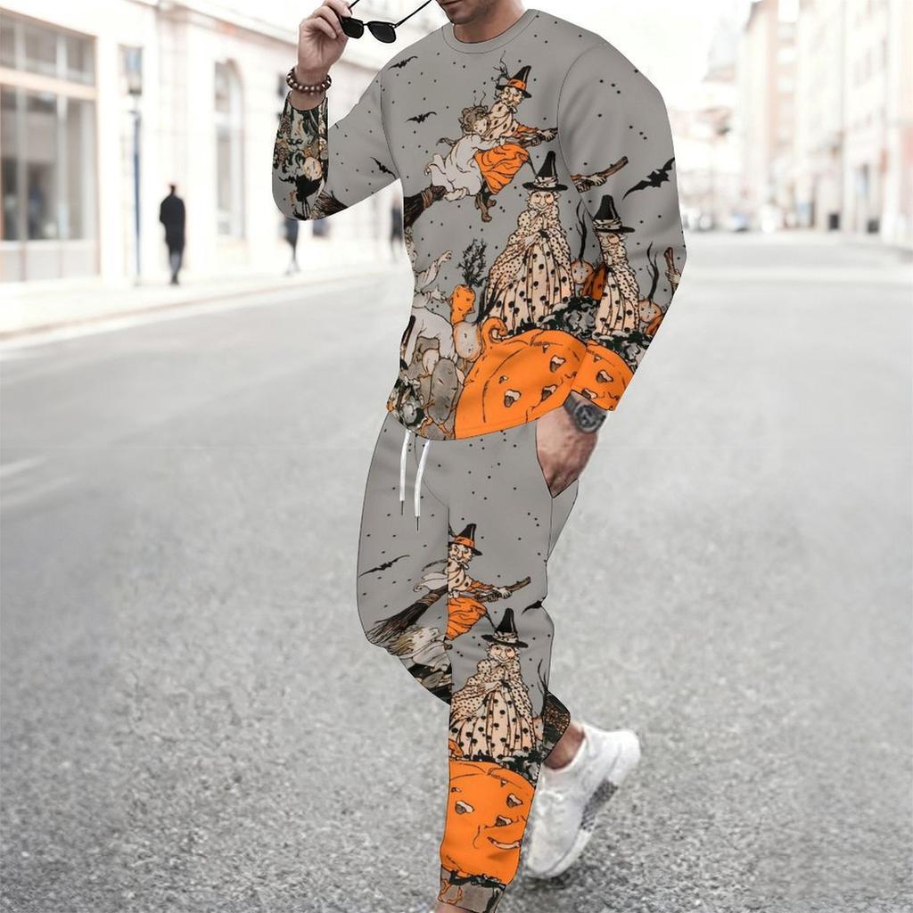 Men Vintage Green Background Skull Blue Butterfly Leaf Print Long Sleeve Sweatshirt Jogger Pants Two Piece Suit