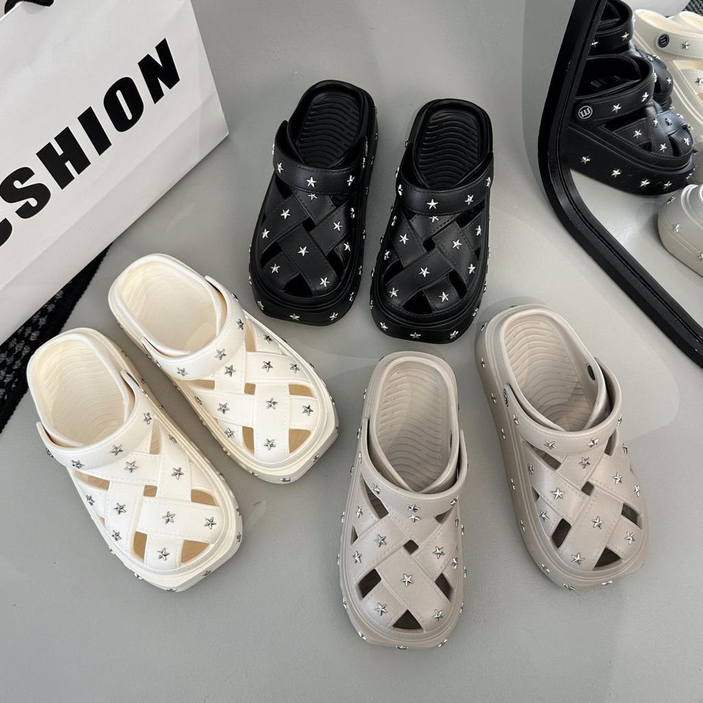 Small height increase thick-soled non-slip and deodorant sandals 2025 summer and autumn new cute baotou half-drag star hole shoes