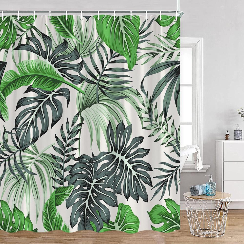 Green Leaves Shower Curtains Monstera Palm Leaf Green Plants Botanical Bathroom Curtain Greenery Bath Deorations with Hooks