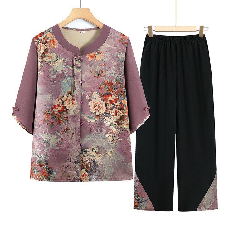 

Grandma s Summer Chiffon Two-Piece Set: Stylish Mid-Sleeve Shirt and Pants for Women 4XL (130-145 jin)
