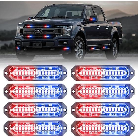 8Pcs Amber White Surface Mount Emergency Strobe Lights For Trucks, Ultra Slim Grille Warning Flashing Light Bar For Vehicles/Car