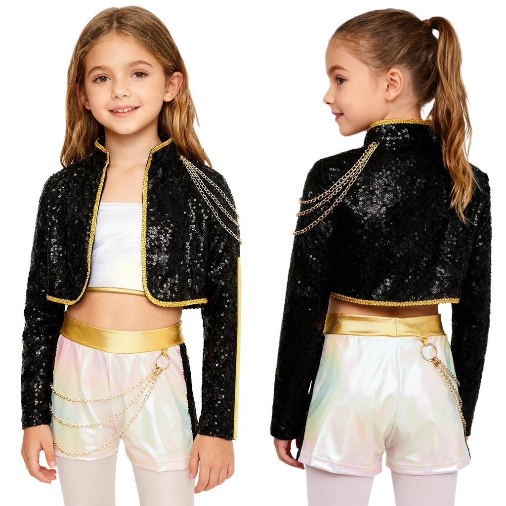 Enfants Filles 3 Pièces Démon Cosplay Tenue de Chanteuse Haut Court Brillant Iridescent Manches Longues Garniture Paillettes Vêtement Extérieur et Chaîne de Taille Short