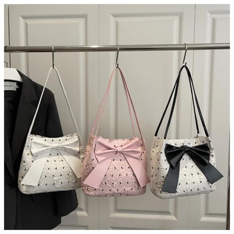 Sweet Pleated Bow Polka Dot Shoulder Bags for Women Large Capacity Ladies Casual Tote Versatile Female Handbags Shopping Bag