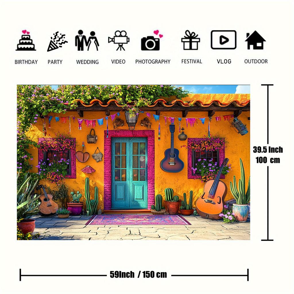 One 2D flat background cloth for a Mexican carnival theme, featuring a guitar, colorful door decorations and floral patterns