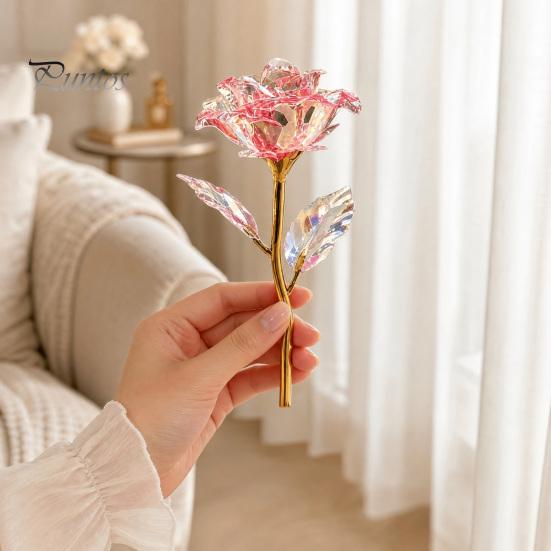 Exquisite Translucent Flower Colorful Rainbow Artificial Rose Flower, Faux Crystal Forever Preserved Transparent Pink Petals Eternal Gifts for Grandma