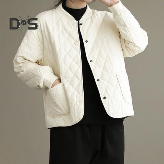 Damenjacke Stehkragen Langarm Rautenstruktur Einreihig Elastische Bündchen Einfarbig Taschen Sport Lady Coat