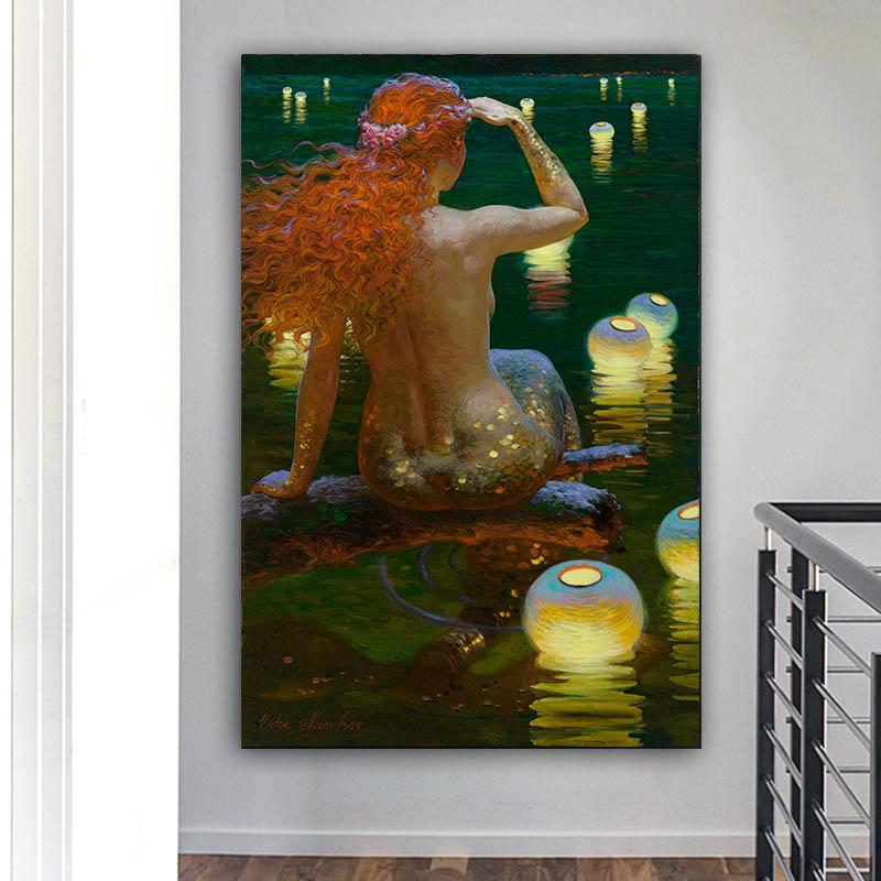 Abstract Long Hair Mermaid Canvas Painting Mermail Posters and Prints Wall Art Pictures For Living Room Home Decor No Frame