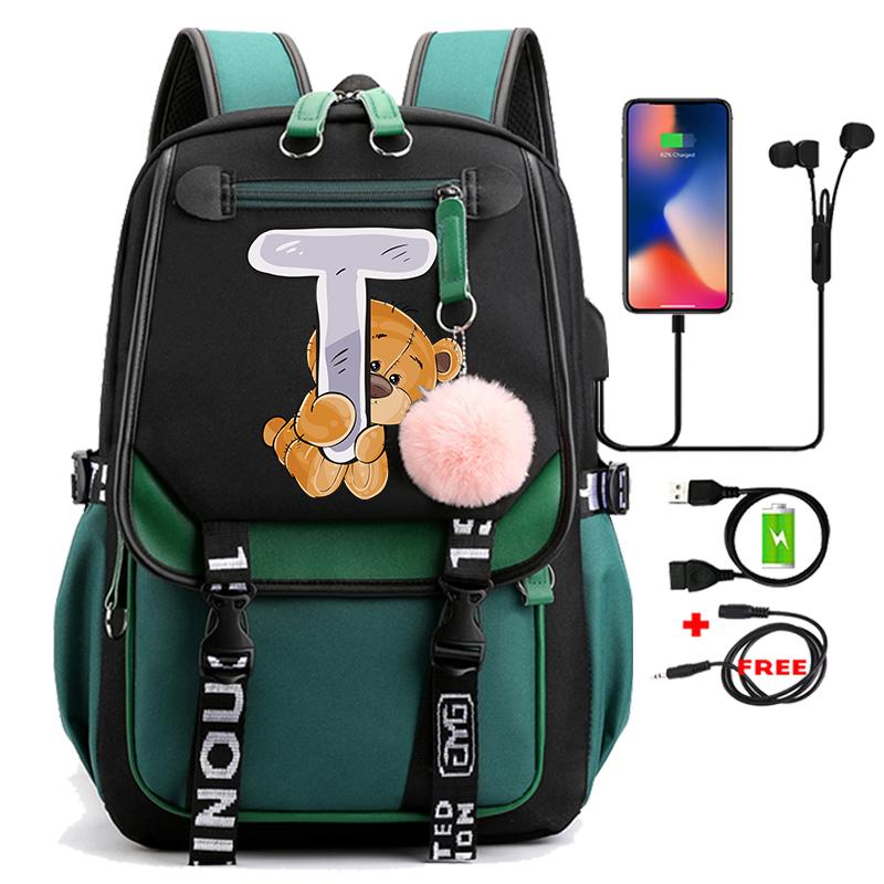 Lovely Little Bear 26 English Letters Student School Bag Backpack Outdoor Teenage Girl Cartoon Bookbag Laptop Travel Rucksack