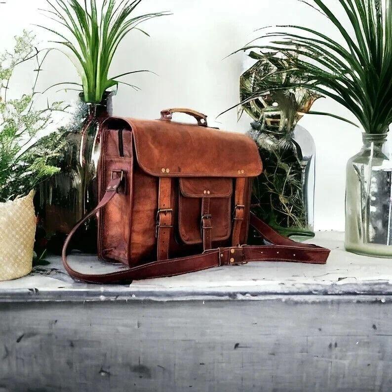 Tan Hard Leather Bag Men Messenger S Laptop Satchel Briefcase Shoulder