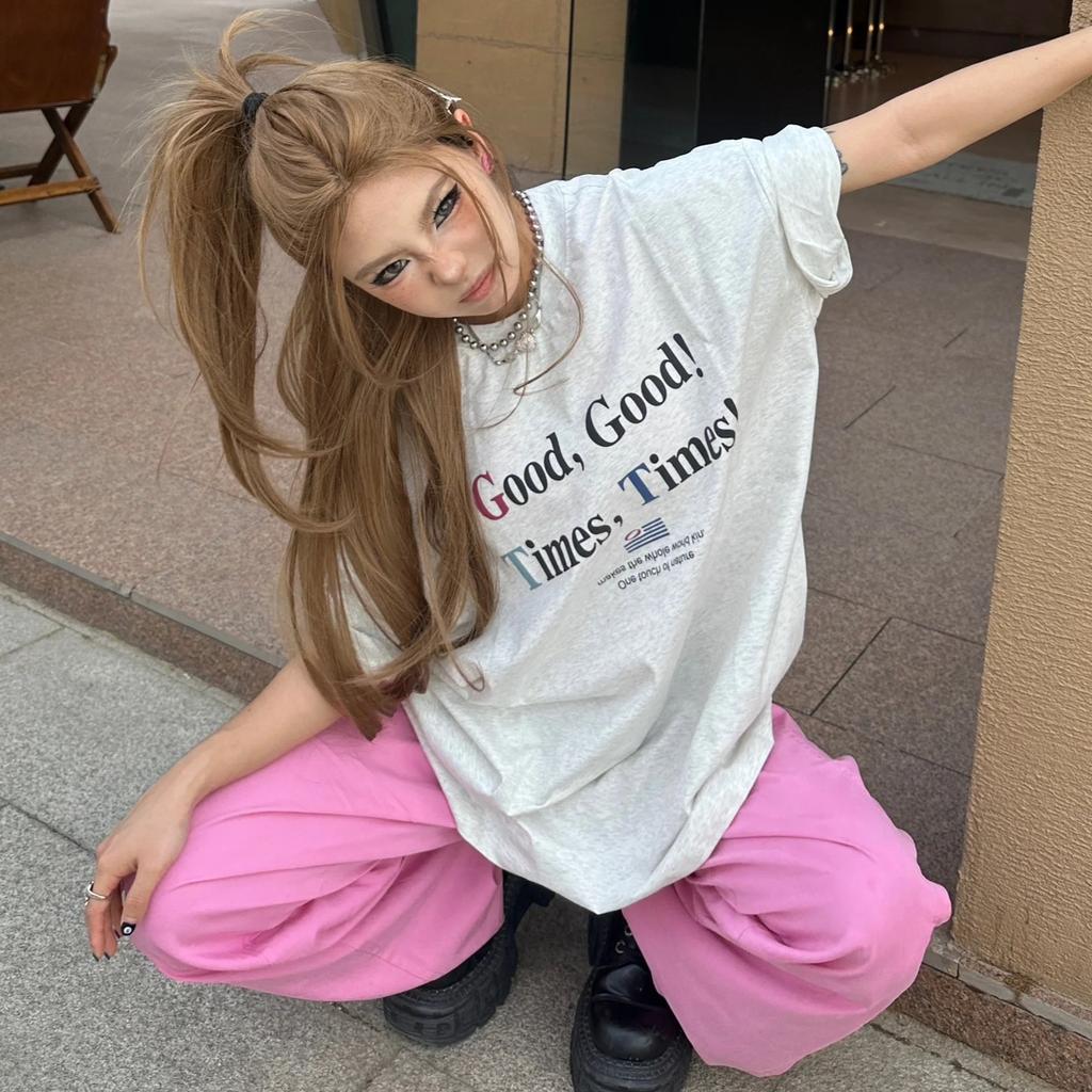 Korean Vintage Black Letter Print Short Sleeve T-shirts for Women 2025 Summer Casual Loose Women's T Shirt Harajuku Streetwear Tshirt Female Y2k Tops