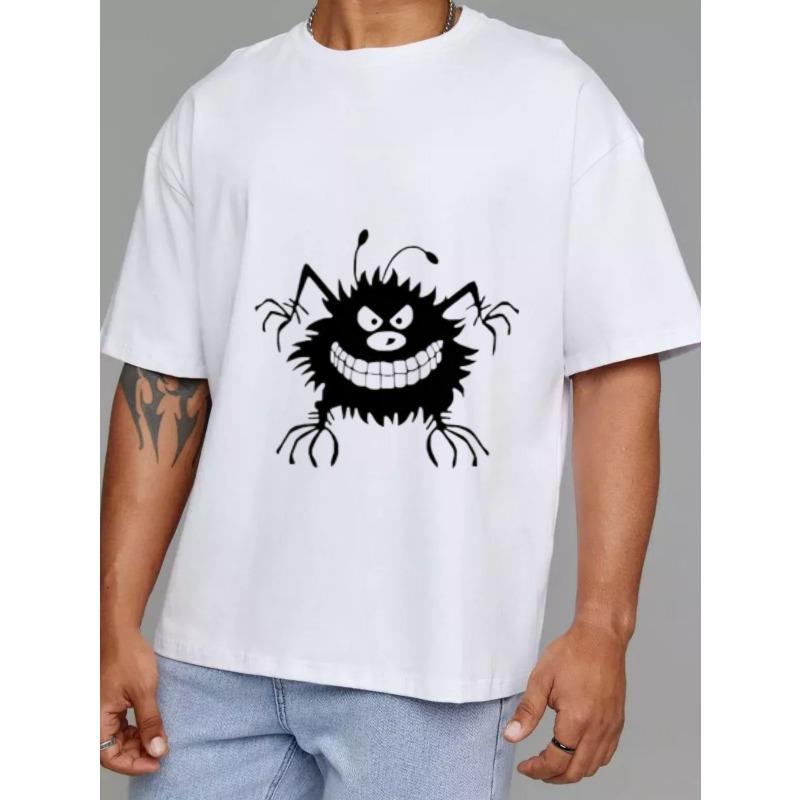 Cotton T Shirt White Black Cartoon Spider Print for Casual Wear