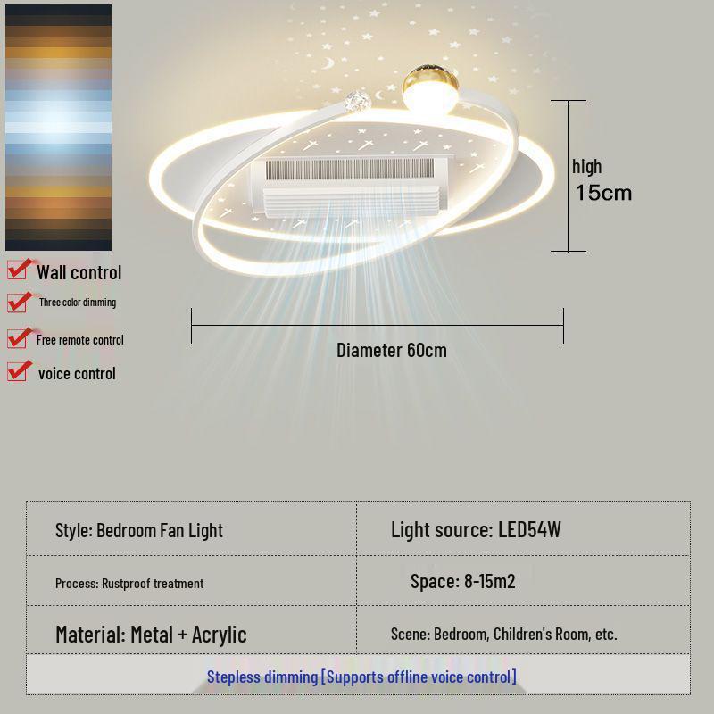 Smart Voice-Controlled Leafless Ceiling Fan Light for Living Room/Bedroom, Tricolor, Stepless Dimming, 110V.