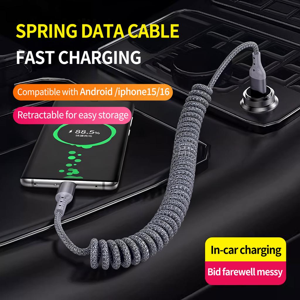 Right-Angle Nylon Data Cable PD100W Fast Charging USB-A/Type-C for IPhone14/15/16/17 for for for Car Retractable