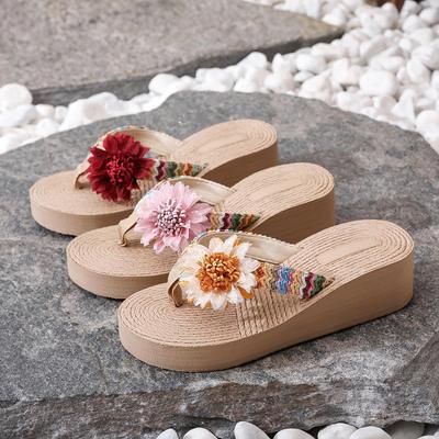 Etniczny styl imitacja liny konopnej podróżne sandały na konopnej podeszwie koreański trend odzież wierzchnia kwiatowe japonki plażowe wysokie obcasy uciskające stopy damskie kapcie