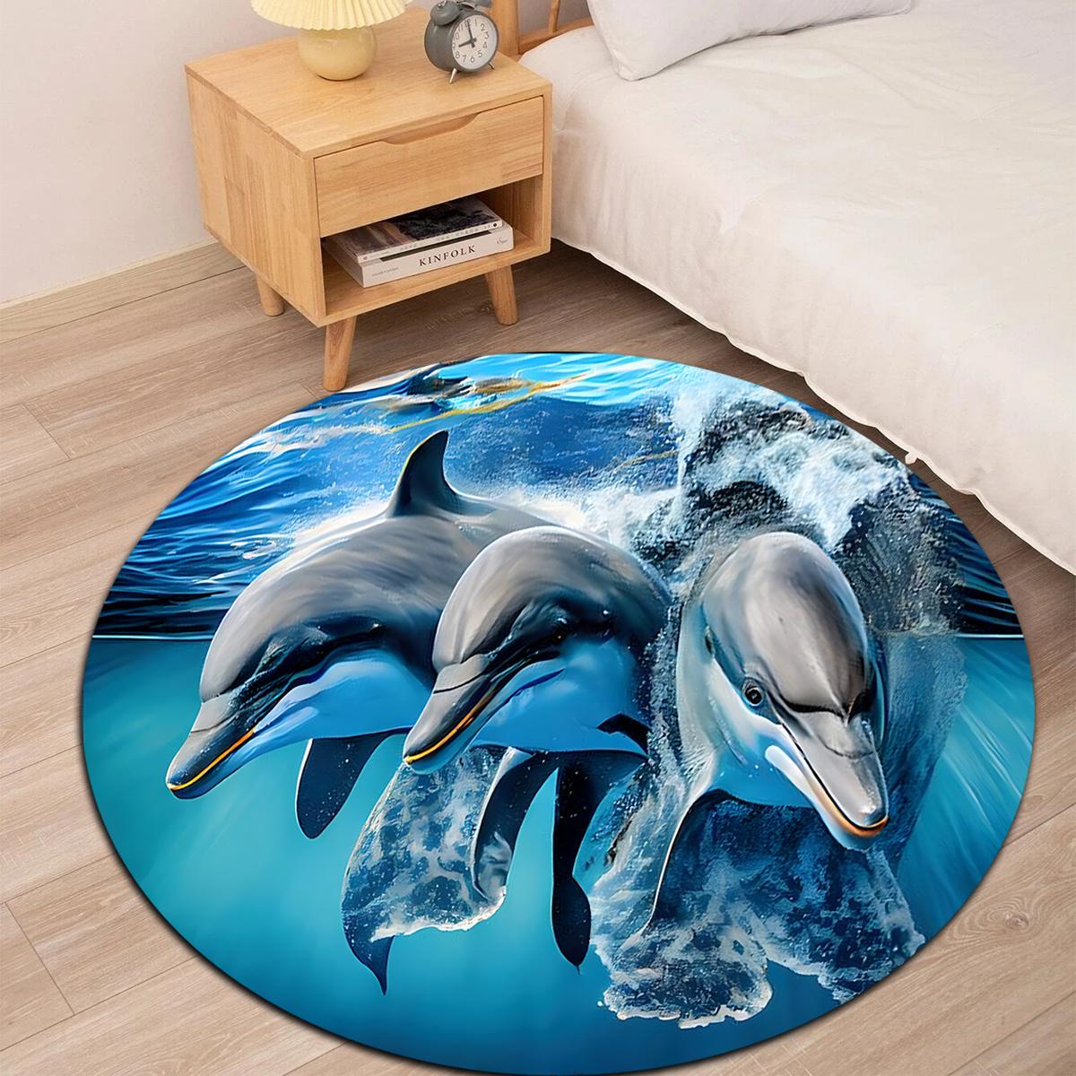 

Dolphin Print Round Area Rug Non Slip Floor Mat Living Room Hotel Decor Ocean Theme Home Carpet Diameter 60cm