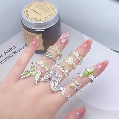 Small Fresh Summer Cool Feeling Green Enamel Dripping Oil Butterfly Flower Opening Ring Niche Light Luxury High-End Ring