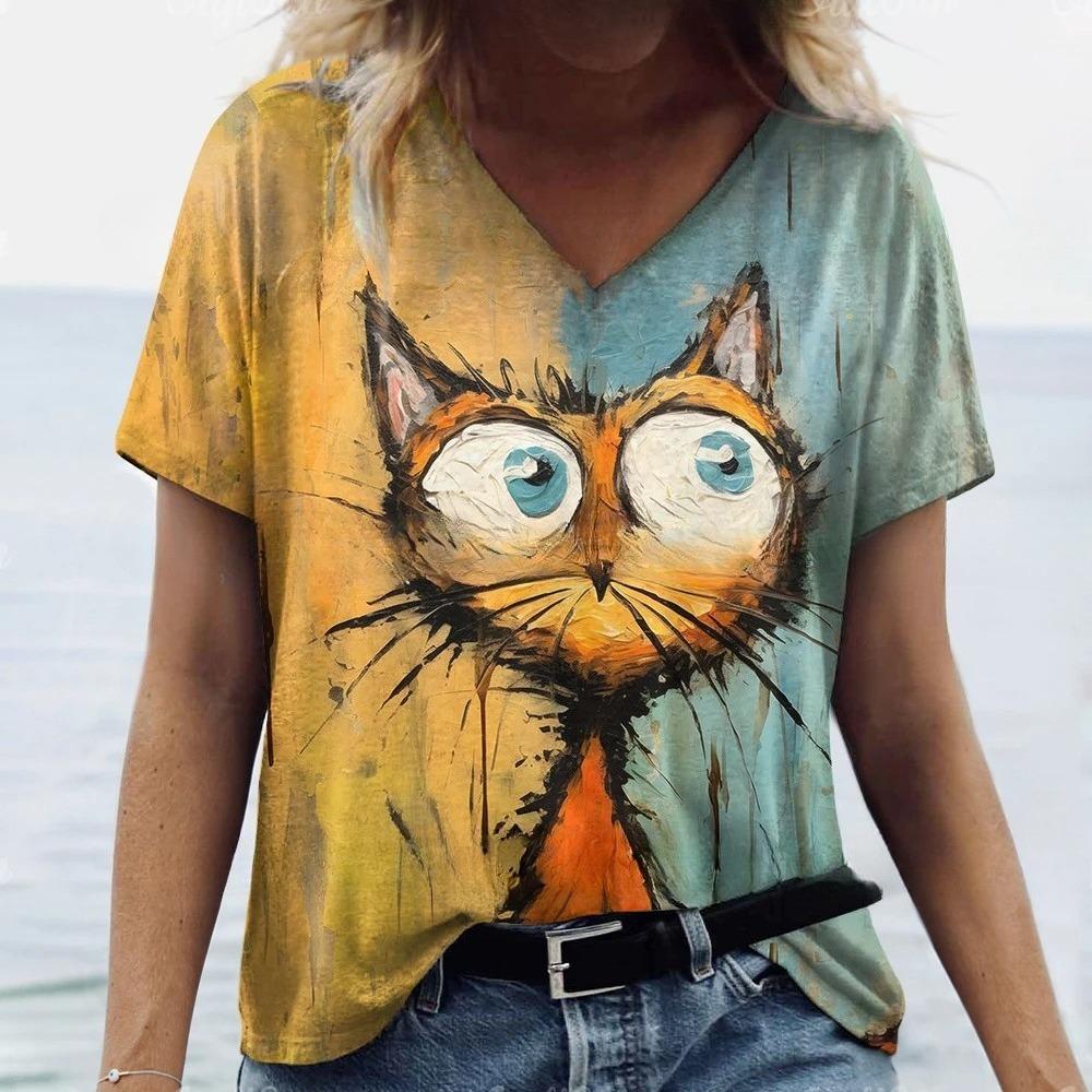 T-Shirts Women's Fashion T-Shirt Cat Print Casual Comfort Short Sleeve Crew Neck Pullover Clothing
