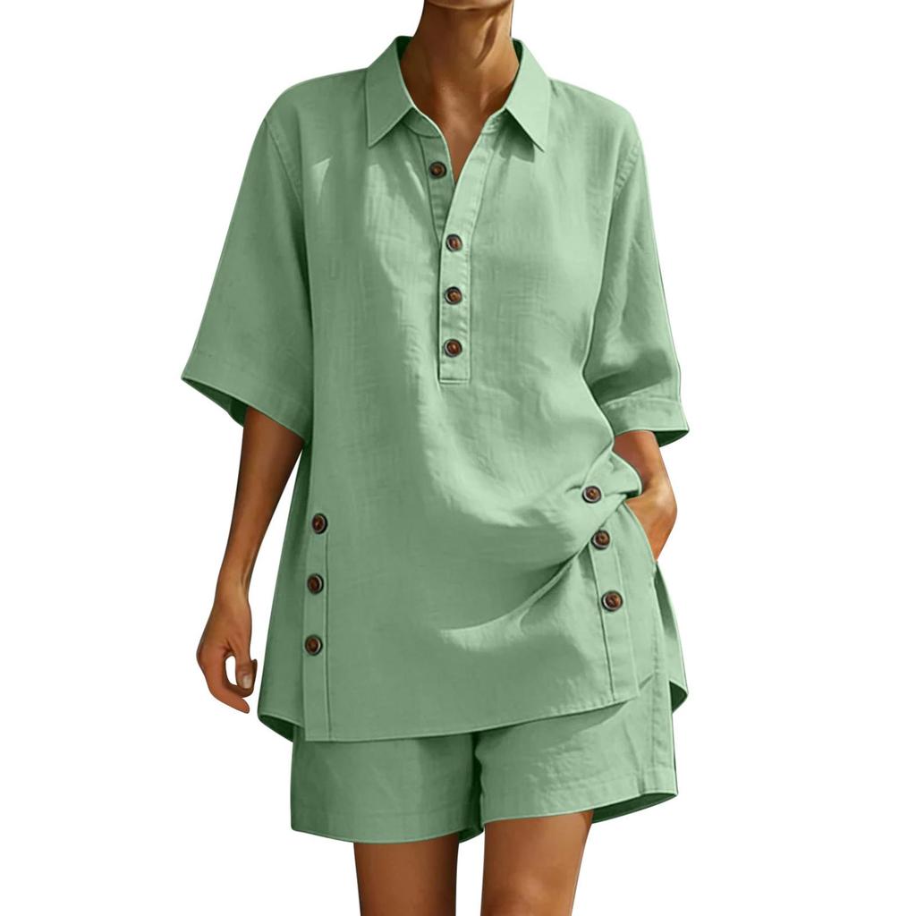 Women's Linen Two-Piece Set: Short-Sleeve Shirt & Loose Pants (2026)